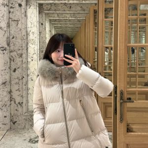 Moncler Laichefur hooded short down jacket. The most comfortable A-line fit.